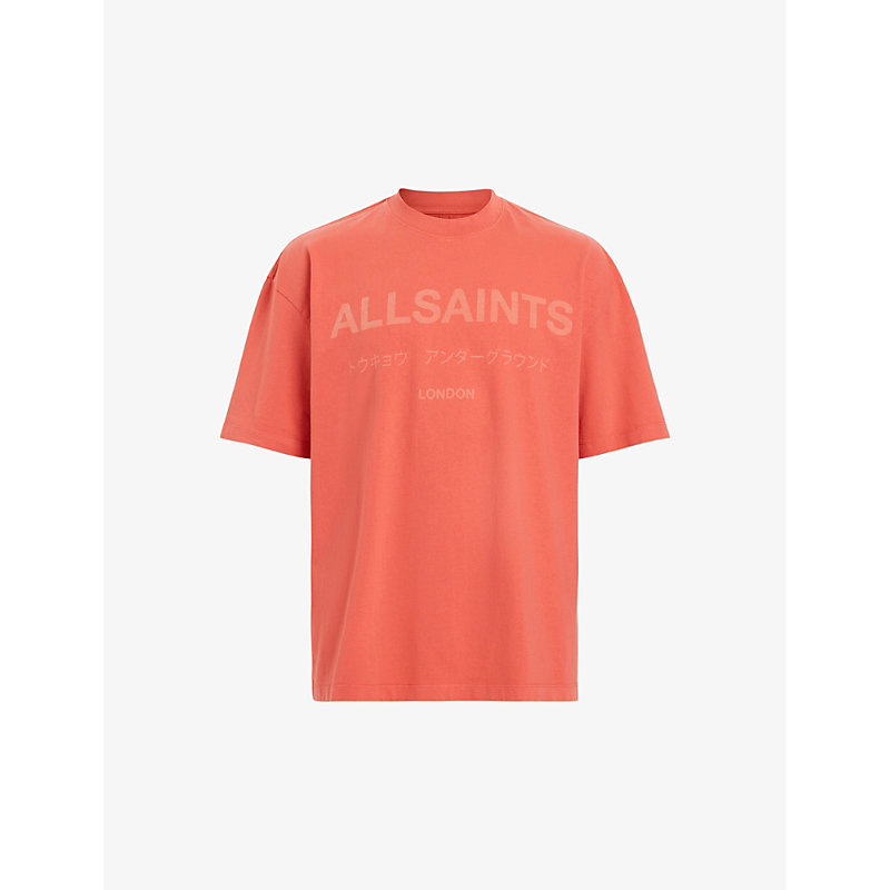 Shop Allsaints Mens Sunburnt Orang Laser Underground Logo Text-print Organic-cotton T-shirt