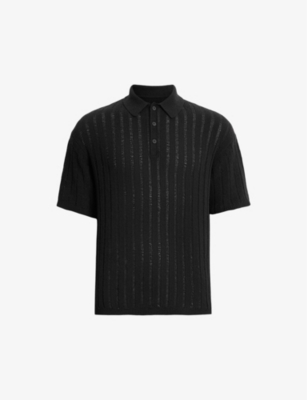 Shop Allsaints Men's Black Millar Ribbed Stretch-knit Polo Shirt