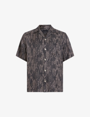 Shop Allsaints Men's Jet Black Boomslang Snake-print Relaxed-fit Woven Shirt
