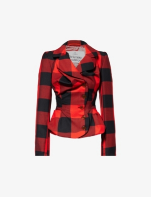 Shop Vivienne Westwood Women's Red Black Drunken Tailored Tartan-patterned Slim-fit Wool Blazer