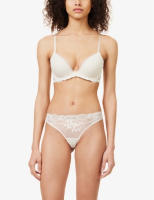 Shop Calvin Klein Women's Ivory Comfort Mid-rise Lace-embroidered Stretch-lace Thong