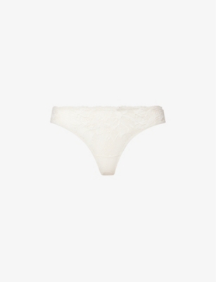 Shop Calvin Klein Women's Ivory Comfort Mid-rise Lace-embroidered Stretch-lace Thong