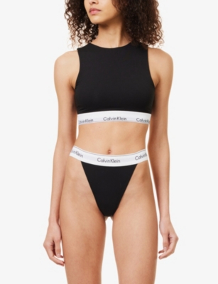 Shop Calvin Klein Women's Black Modern Branded-waistband Mid-rise Cotton-blend Thong