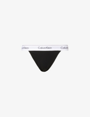 Shop Calvin Klein Women's Black Modern Branded-waistband Mid-rise Cotton-blend Thong