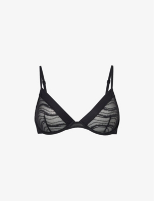 Shop Calvin Klein Womens Black Underwired Plunge Stretch-lace Bra