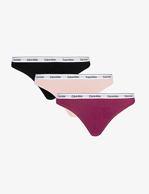 CALVIN KLEIN: Branded-waistband mid-rise pack of three stretch-cotton thongs