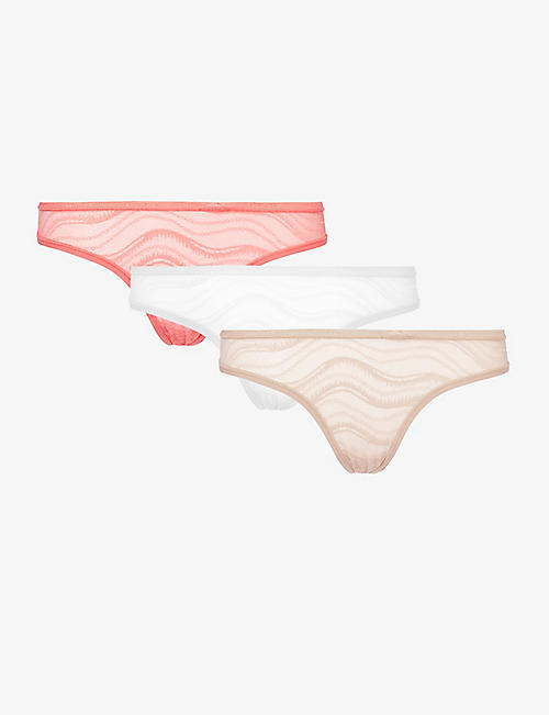 CALVIN KLEIN: Sheer mid-rise pack of three stretch-lace thongs
