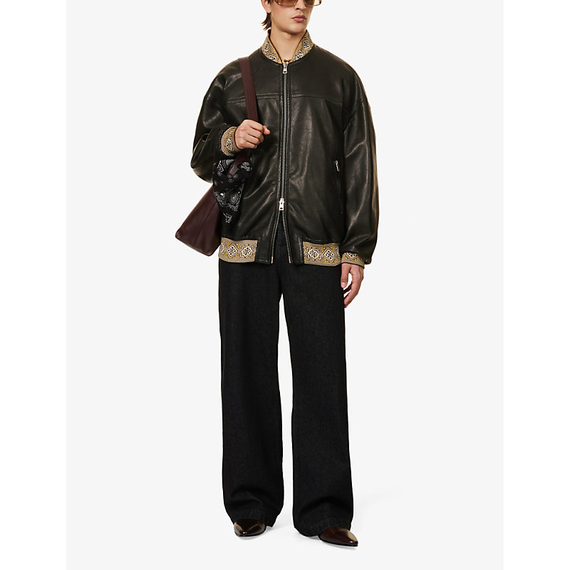 Shop Etro Relaxed-fit Contrast-trim Leather Jacket In N0000