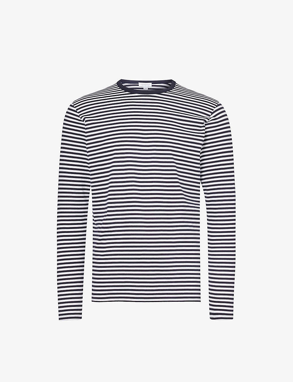 Sunspel Striped Cotton-jersey Long-sleeved T-shirt In White/navy