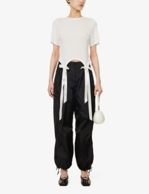 Shop Simone Rocha Women's Black Drawstring-waist Wide-leg Shell Trousers