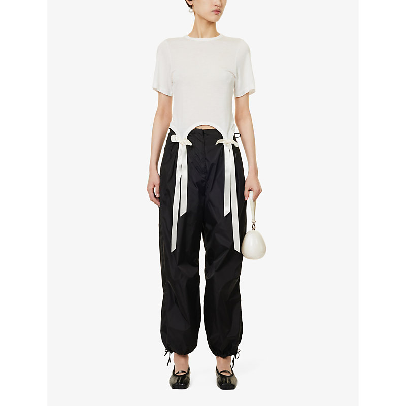 Shop Simone Rocha Women's Black Drawstring-waist Wide-leg Shell Trousers