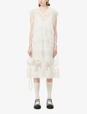 Shop Simone Rocha Women's Cream/cream Floral-embroidered Bow-embellished Woven Midi Dress