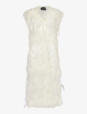 Simone Rocha Floral-embroidered Bow-embellished Woven Midi Dress In Cream/cream