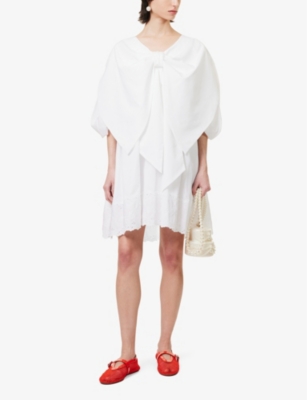 Shop Simone Rocha Women's White/white Bow-embellished Puff-sleeve Cotton Mini Dress