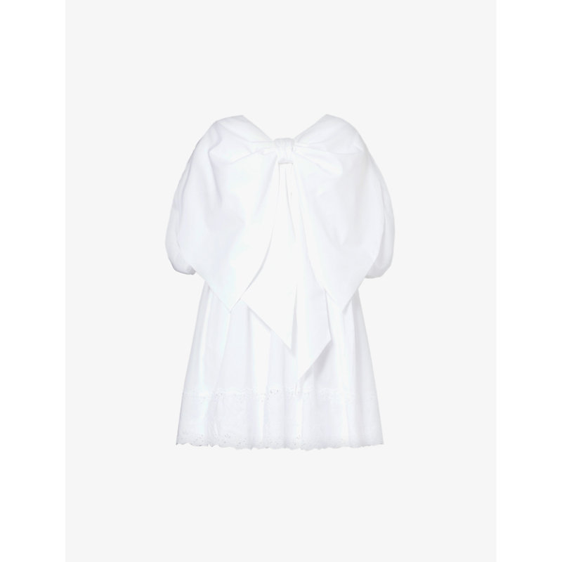 Shop Simone Rocha Bow-embellished Puff-sleeve Cotton Mini Dress In White/white