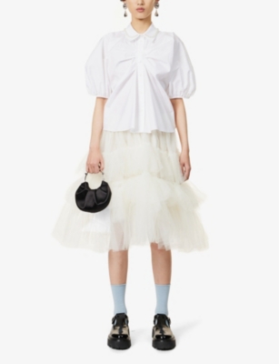 Shop Simone Rocha Bow-embellished Puffed-sleeve Cotton Shirt In White