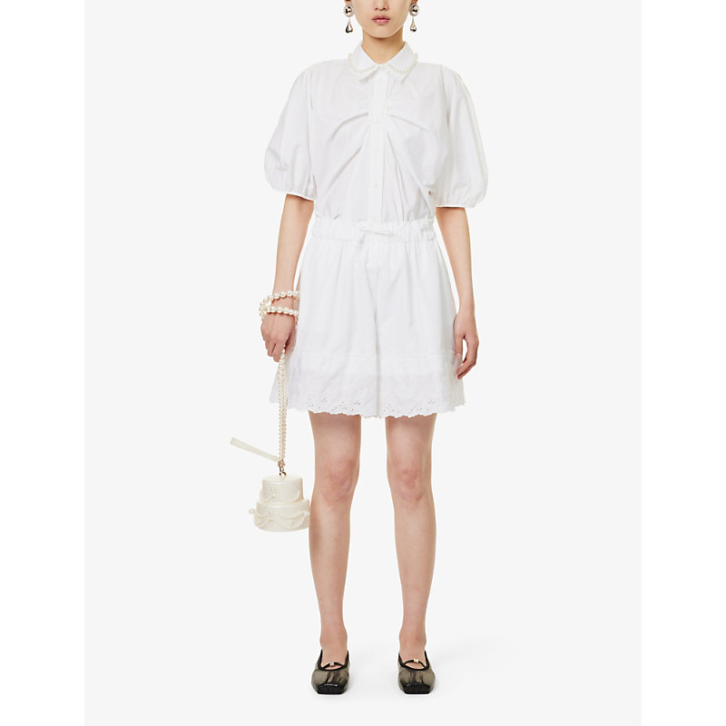 Shop Simone Rocha Women's White/white Text-embroidered Drawstring-waist Cotton Shorts
