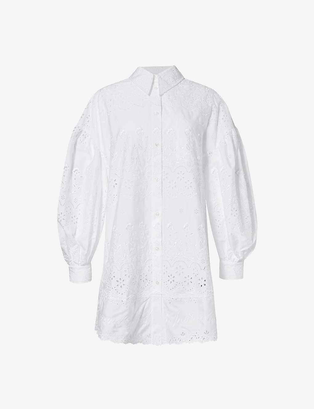 Simone Rocha Text-embroidered Long-sleeved Cotton Mini Dress In White/white