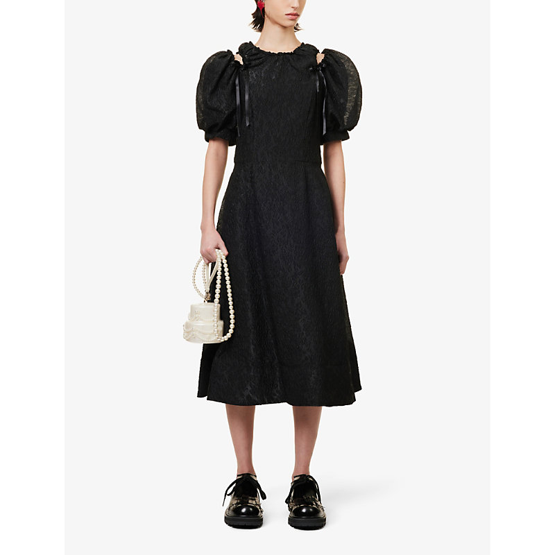 Shop Simone Rocha Womens Black Puff-sleeve Lace Woven Midi Dress