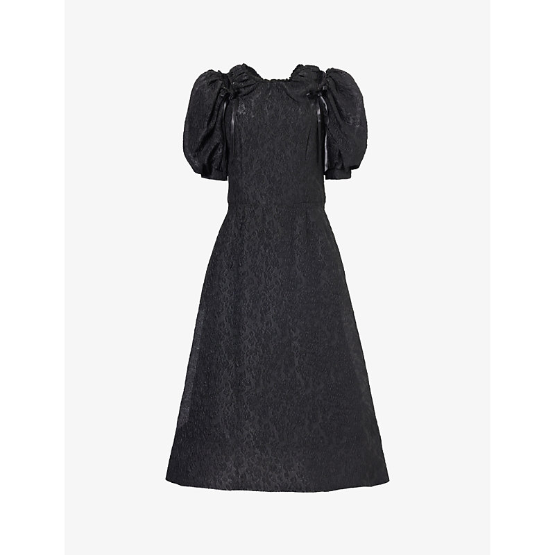 Shop Simone Rocha Womens Black Puff-sleeve Lace Woven Midi Dress
