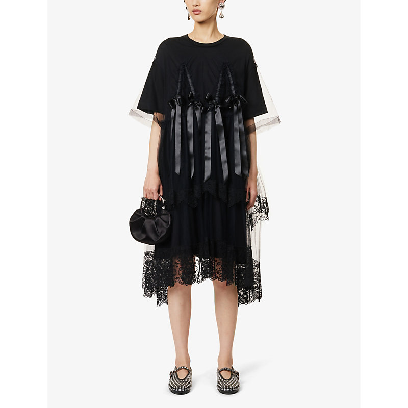 Shop Simone Rocha Women's Black Puffed-sleeve Lace-trim Cotton-jersey Midi Dress