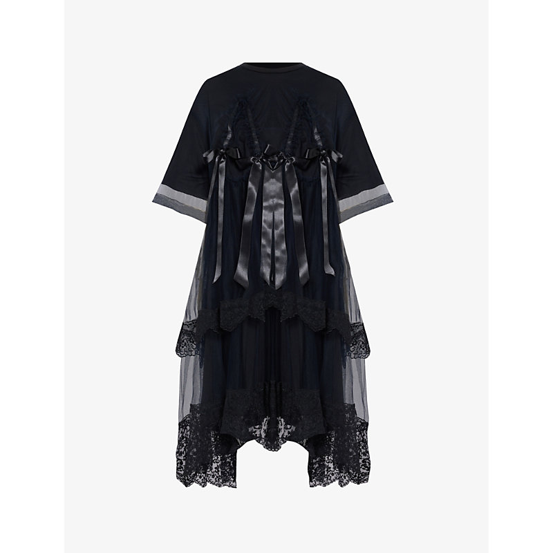 Shop Simone Rocha Puffed-sleeve Lace-trim Cotton-jersey Midi Dress In Black