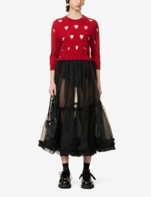 Shop Simone Rocha Womens Red Cut-out Heart Cropped Wool And Silk-blend Jumper