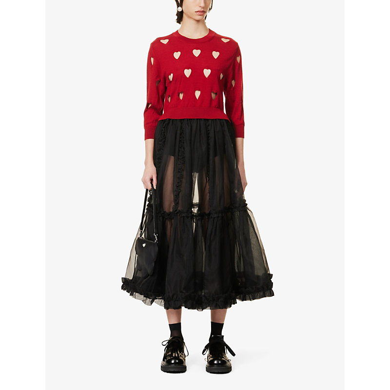 Shop Simone Rocha Womens Red Cut-out Heart Cropped Wool And Silk-blend Jumper