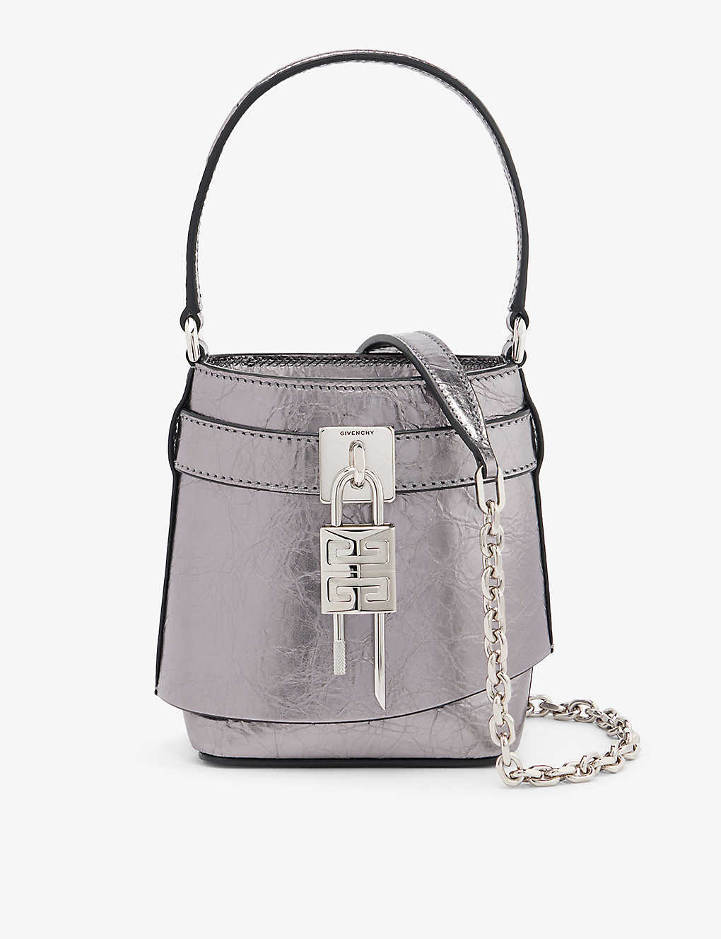 Givenchy Silvery Grey Shark-lock Micro Metallic-leather Bucket Bag