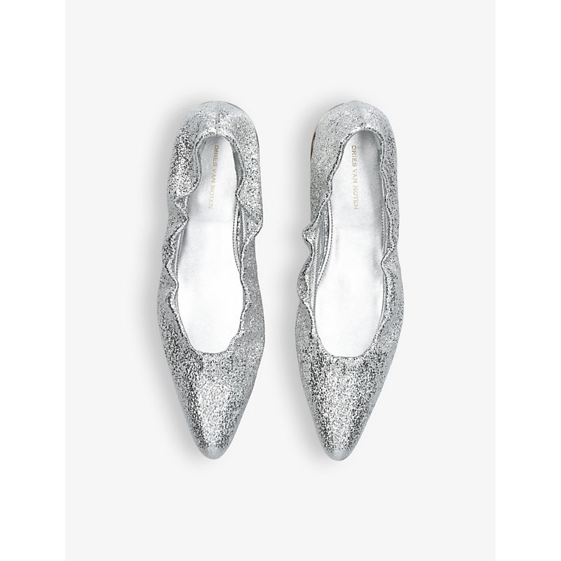 Shop Dries Van Noten Glitter-embellished Woven Ballet Flats In Silver