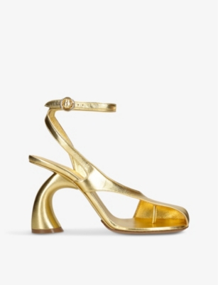 Dries Van Noten Womens Gold Curved-heel Ankle-buckle Leather Sandals