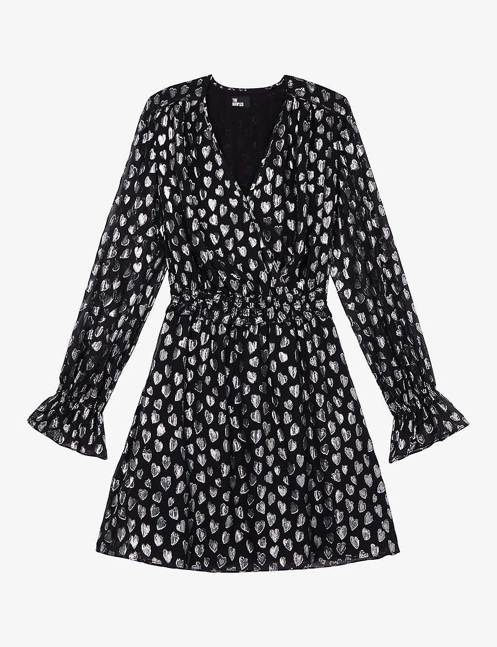 The Kooples Womens Black Silver Heart-motif Smocked-waist Woven Mini Dress