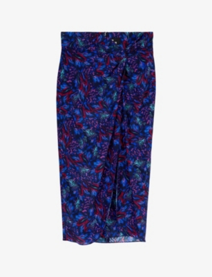 Shop The Kooples Womens Blue Red Graphic-print Silk Midi Skirt