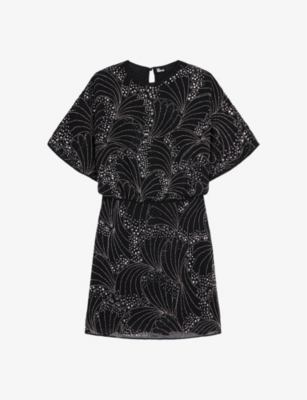 The Kooples Womens Black Sequin-embellished Short-sleeve Woven Mini Dress