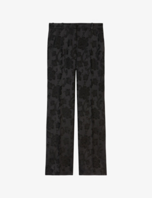 The Kooples Womens Black Floral-jacquard Straight-leg High-rise Stretch-woven