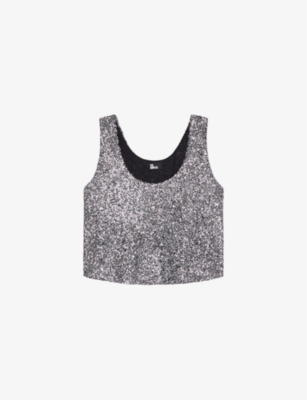 Shop The Kooples Women's Silver V-neck Cropped Sequin Top