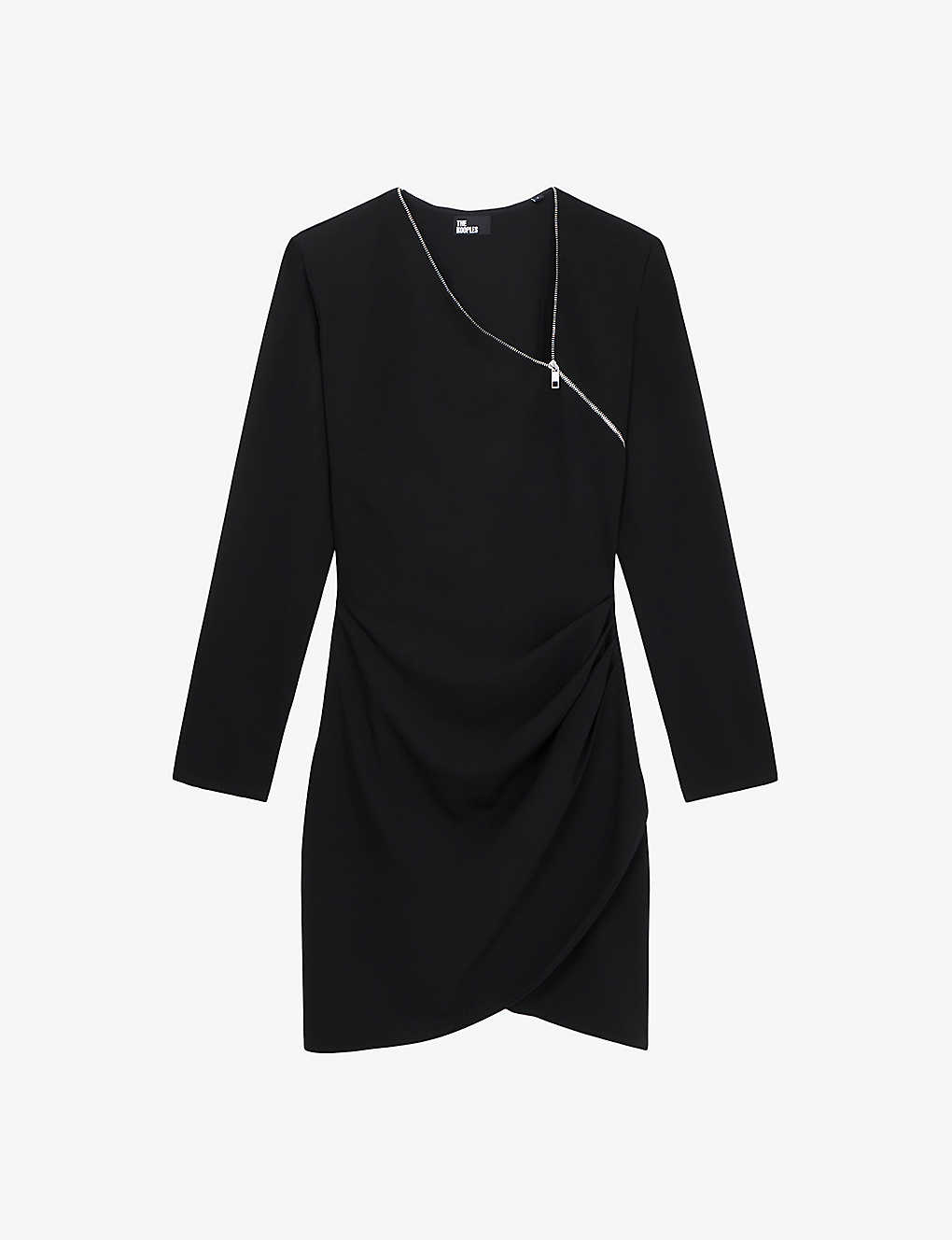 The Kooples Womens Black Zip-neck Long-sleeve Stretch-woven Mini Dress