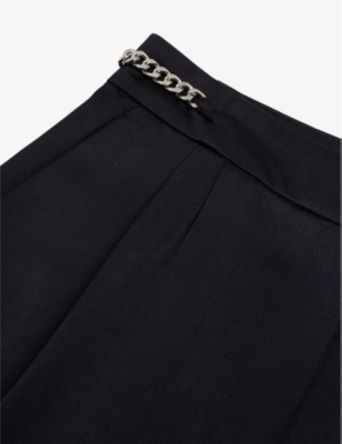 Shop The Kooples Women's Navy Chain-embellished Pleated-front Straight-let Mid-rise Woven Trousers