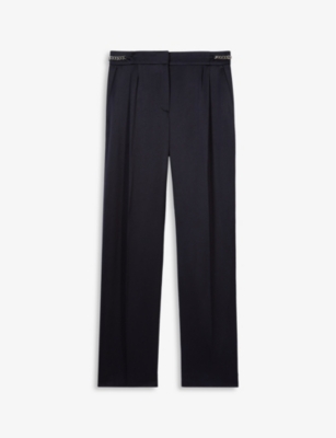 Shop The Kooples Women's Navy Chain-embellished Pleated-front Straight-let Mid-rise Woven Trousers