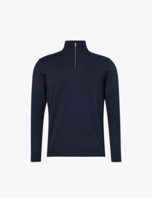 Arne Mens Navy Funnel-neck Relaxed-fit Cotton-knit Jumper
