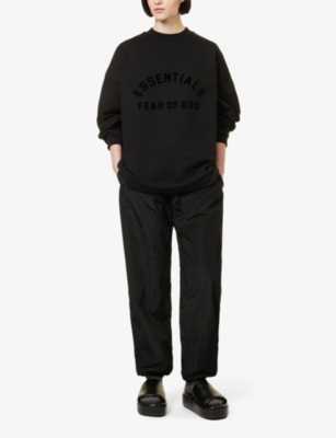 Shop Essentials Fear Of God  Women's Jet Black Brand-appliqué Long-sleeved Cotton-jersey T-shirt