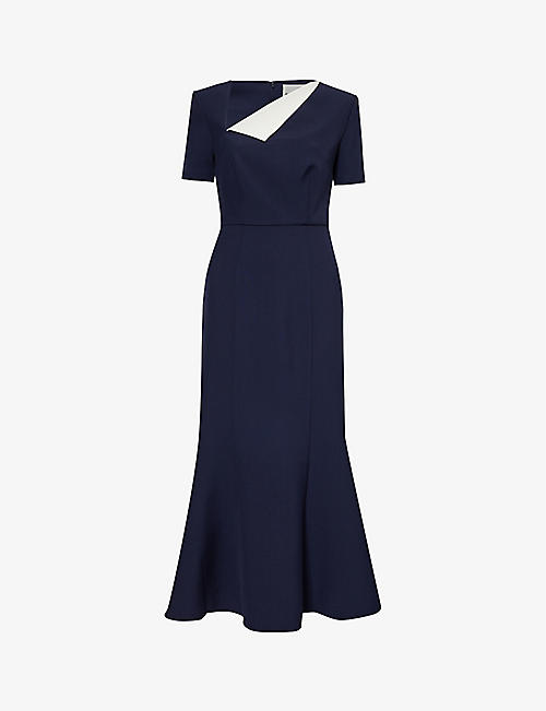ROLAND MOURET: Short-sleeved contrast-fold stretch-woven midi dress