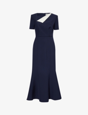 Shop Roland Mouret Women's Navy Short-sleeved Contrast-fold Stretch-woven Midi Dress