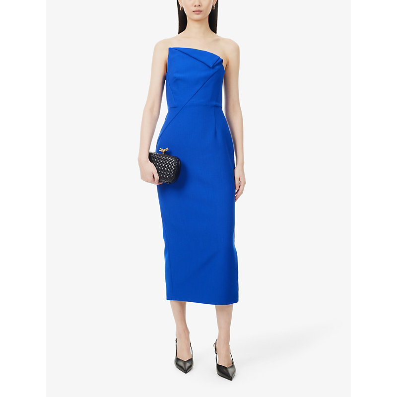 Shop Roland Mouret Women's Blue Strapless Slim-fit Stretch-woven Midi Dress