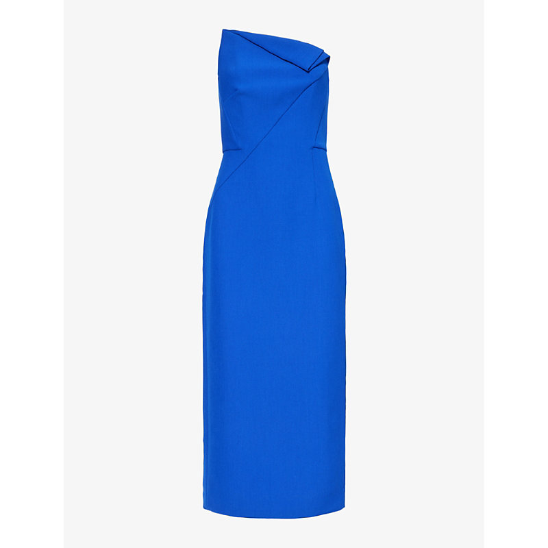 Shop Roland Mouret Women's Blue Strapless Slim-fit Stretch-woven Midi Dress
