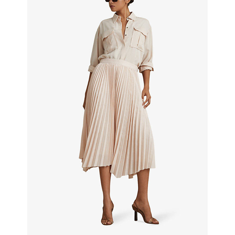 Shop Reiss Azalea Asymmetric-hem Pleated Woven Midi Skirt In Blush