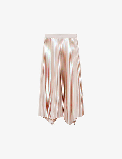 REISS: Azalea asymmetric-hem pleated woven midi skirt