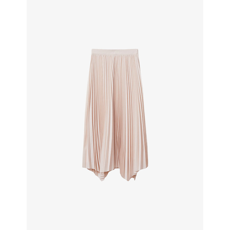 Shop Reiss Azalea Asymmetric-hem Pleated Woven Midi Skirt In Blush