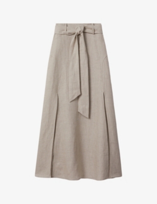 REISS: Abigail tie-waist A-line linen midi skirt