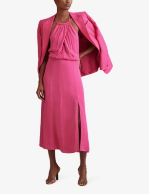 Shop Reiss Women's Pink Elliana Wrap-front Tie-neck Woven Midi Dress